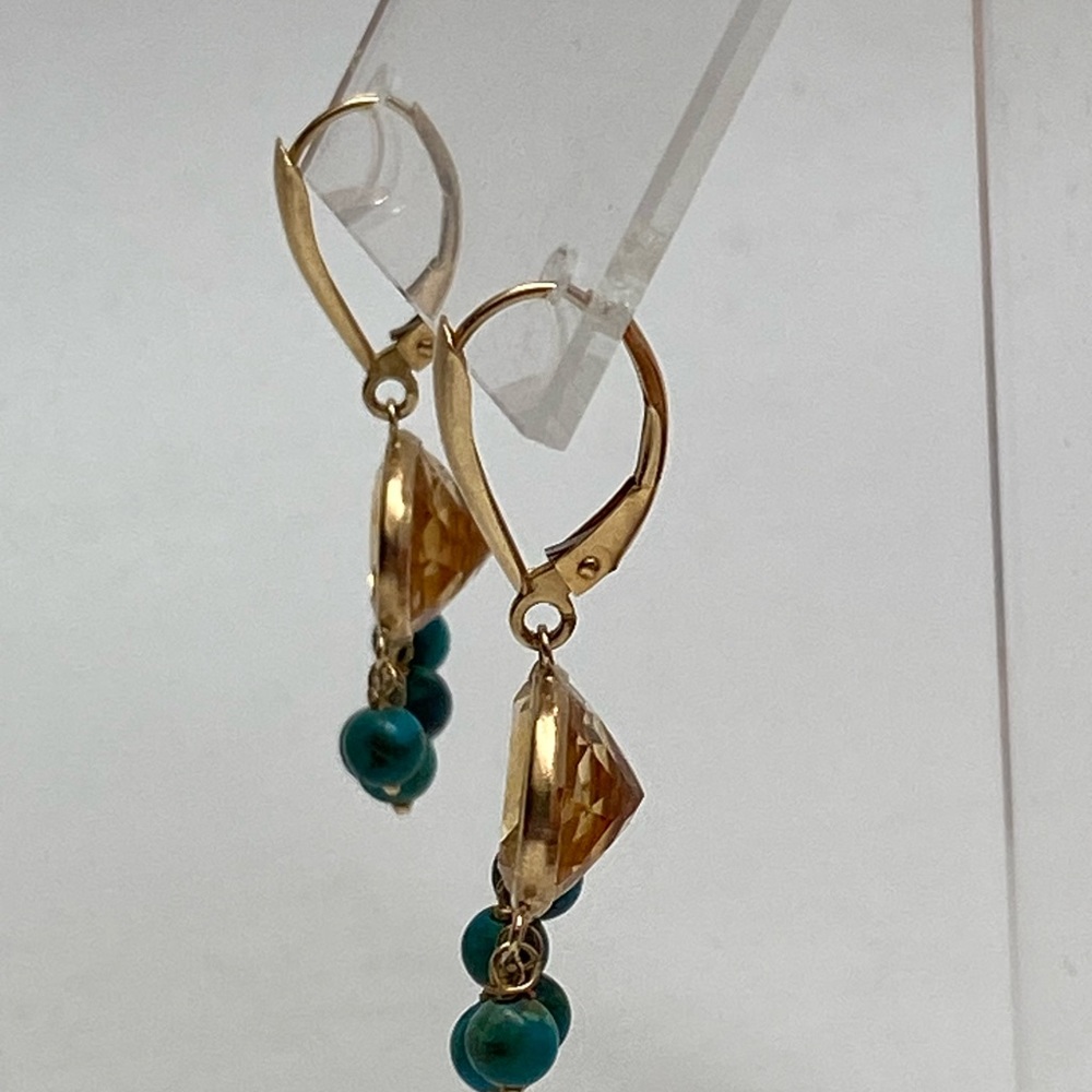 14K Yellow Gold Bezel Citrine and Turquoise Bead Dangle Leverback Earrings - Picture 5 of 15